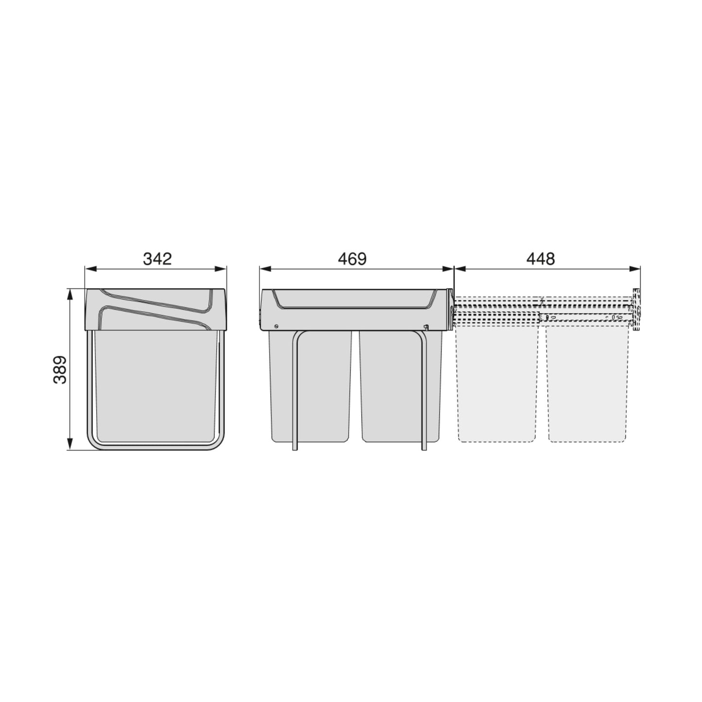 Emuca Recycling container for lower fixing and manual extraction in kitchen furniture Recycle 2x20 litres, Anthracite grey plastic