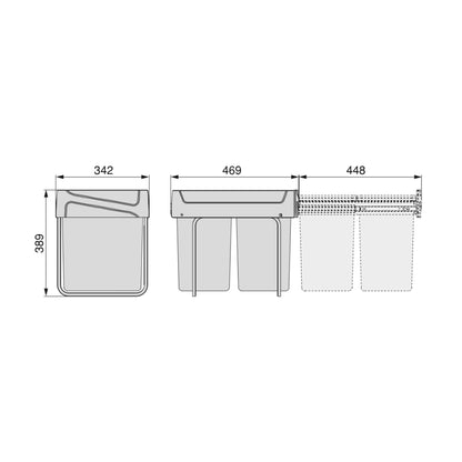 Emuca Recycling container for lower fixing and manual extraction in kitchen furniture Recycle 2x20 litres, Anthracite grey plastic