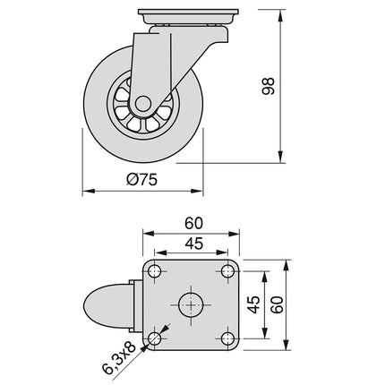Emuca Set of 4 transparent slip castors with mounting plate, diameter 75mm, steel and plastic