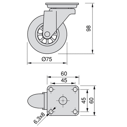 Emuca Lote de 4 ruedas Slip transparentes con placa de montaje, diámetro 75mm, Acero y Plástico