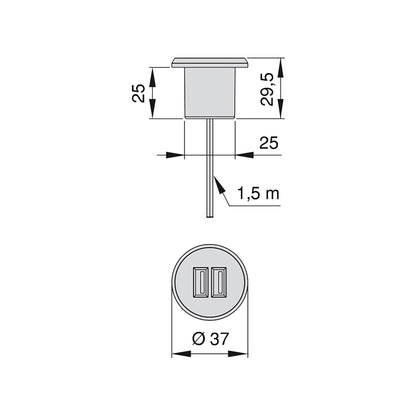 Emuca Kit de conector USB para carga Plugy, incluye convertidor y 2 USB tipo A, para encastrar en el mueble en diámetro 25mm, Plástico, Gris metalizado