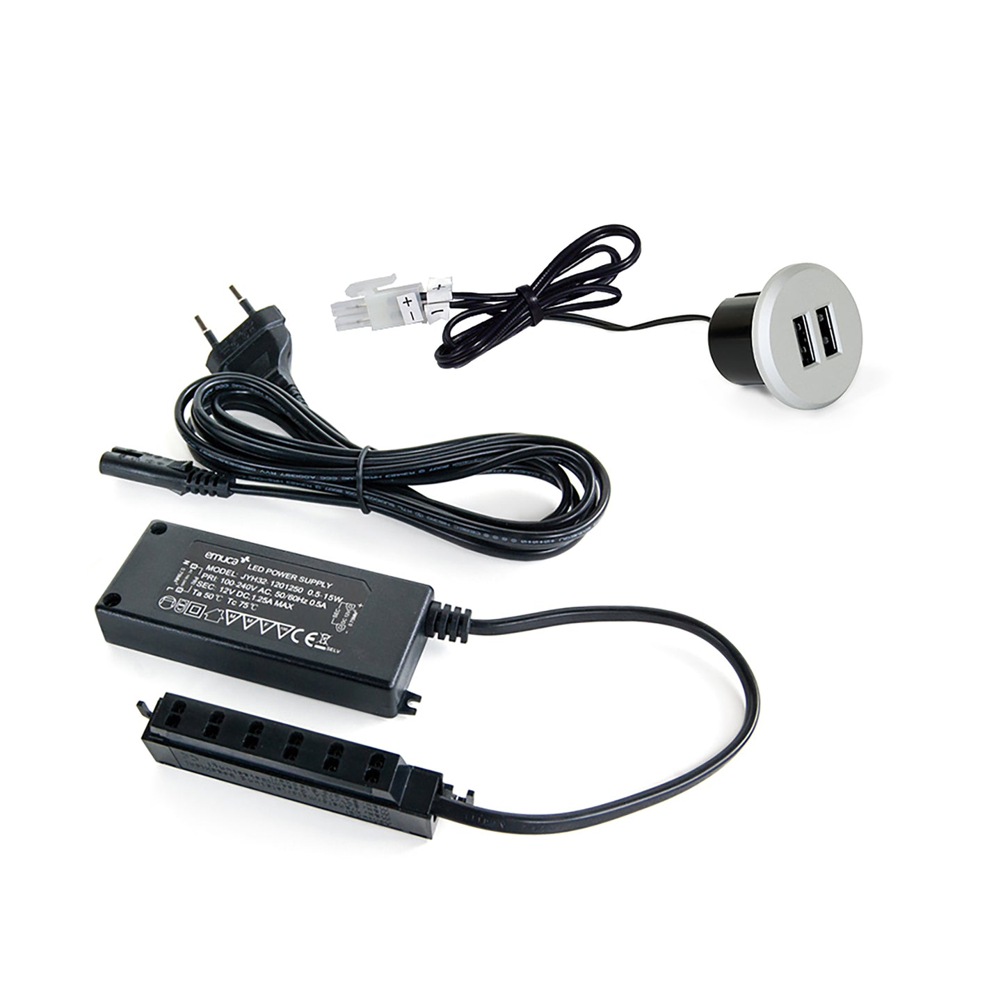 Emuca Kit de conector USB para carga Plugy, incluye convertidor y 2 USB tipo A, para encastrar en el mueble en diámetro 25mm, Plástico, Gris metalizado