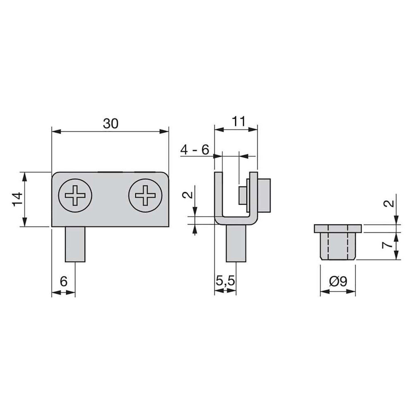 Emuca Set of interior hinges for glass doors, 4-6mm thick, Steel, Metallic grey