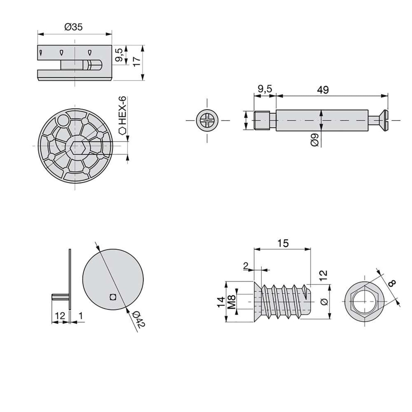 Emuca Lot of 10 eccentrics diameter 35mm with M8 bolt and nut with white plastic cover, for 20mm board, Zamak and Steel