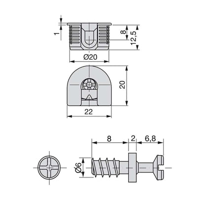 Emuca Set of 20 hooks and bolts for fixing shelves, Hooks diameter 20mm, 12.5mm, Bolts diameter 6mm, 8mm, Zamak and Steel, Nickel plated