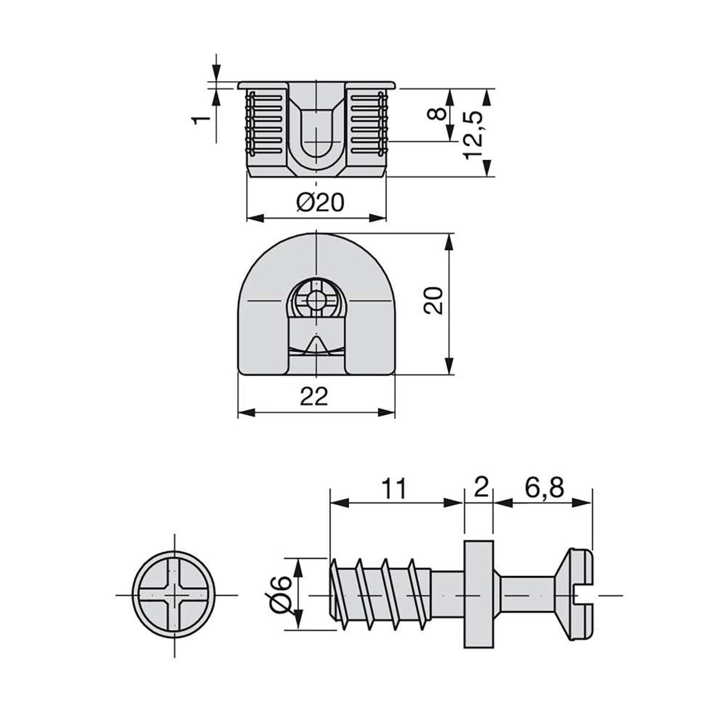 Emuca Set of 20 hooks and bolts for fixing shelves, Hooks diameter 20mm, 12.5mm, Bolts diameter 6mm, 11mm, Zamak and Steel, Nickel plated