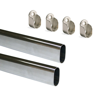 Emuca Set of 2 oval wardrobe bars 30x15mm length 0.95m with supports, Steel and Zamak, Chrome