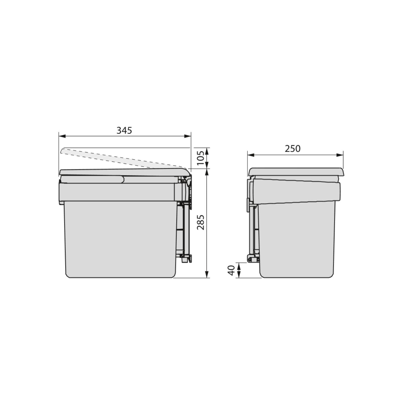 Emuca Recycling container for fixing to the door of the Recycle furniture, 1 removable 15-litre container, Anthracite grey plastic