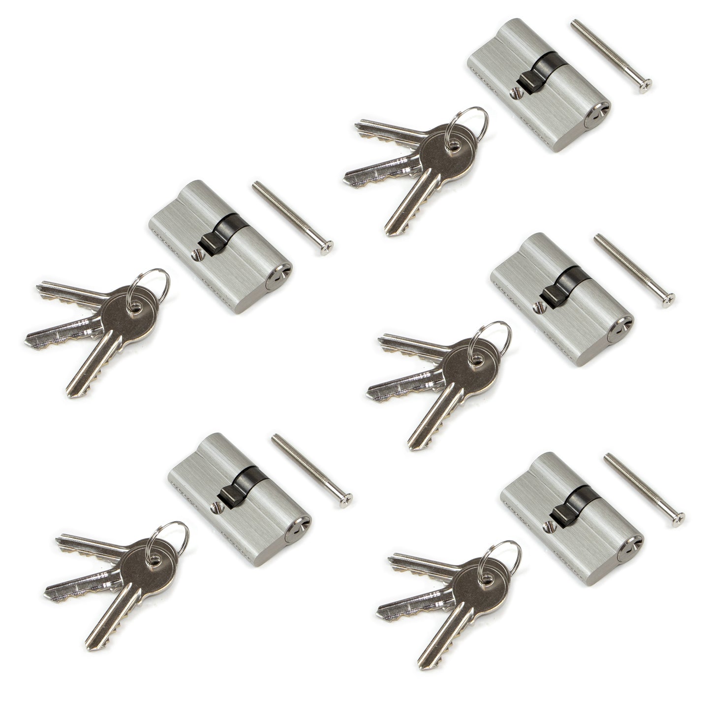 Emuca Lot of 5 pear-type lock cylinders for doors, 30x30mm, single clutch, long cam, with keys, Aluminum, Satin nickel