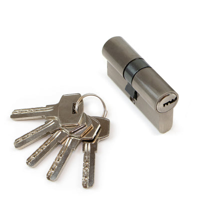 Emuca Lot of 5 pear-type lock cylinders for doors, 30x30mm, long cam, with keys, Aluminum, Satin nickel