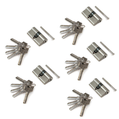 Emuca Lot of 5 pear-type lock cylinders for doors, 30x30mm, long cam, with keys, Aluminum, Satin nickel