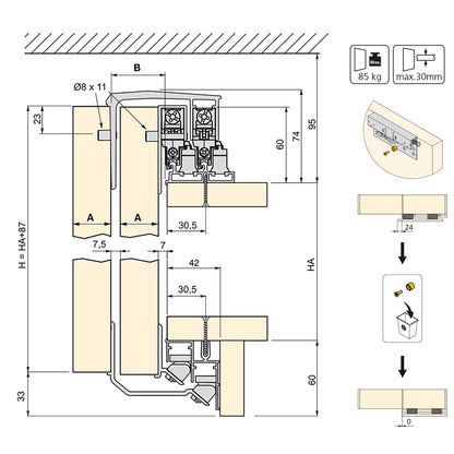 Emuca Kit de herrajes para armario de 2 puertas correderas y cierre suave Space, espesor 19-20mm, tableros no incluidos, Anodizado mate