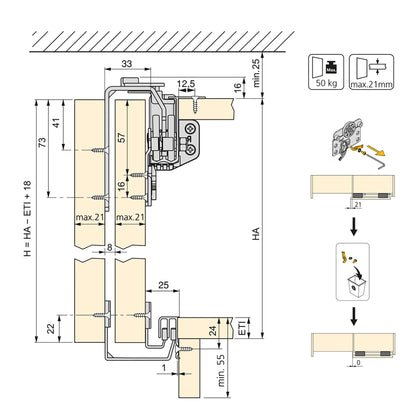 Emuca Hardware kit for 2-door sliding wardrobe with Neco soft-closing, 16mm thick, boards not included, Metallic grey