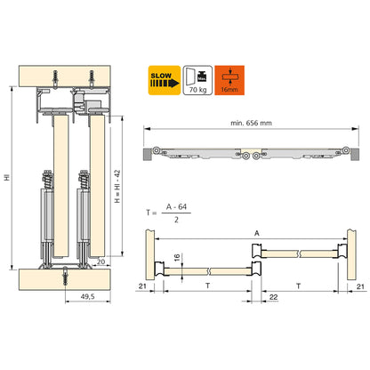 Emuca Hardware kit for 2 sliding doors and soft closing wardrobe Placard 81, Wave profile, 16mm thick, boards not included, Matt anodized