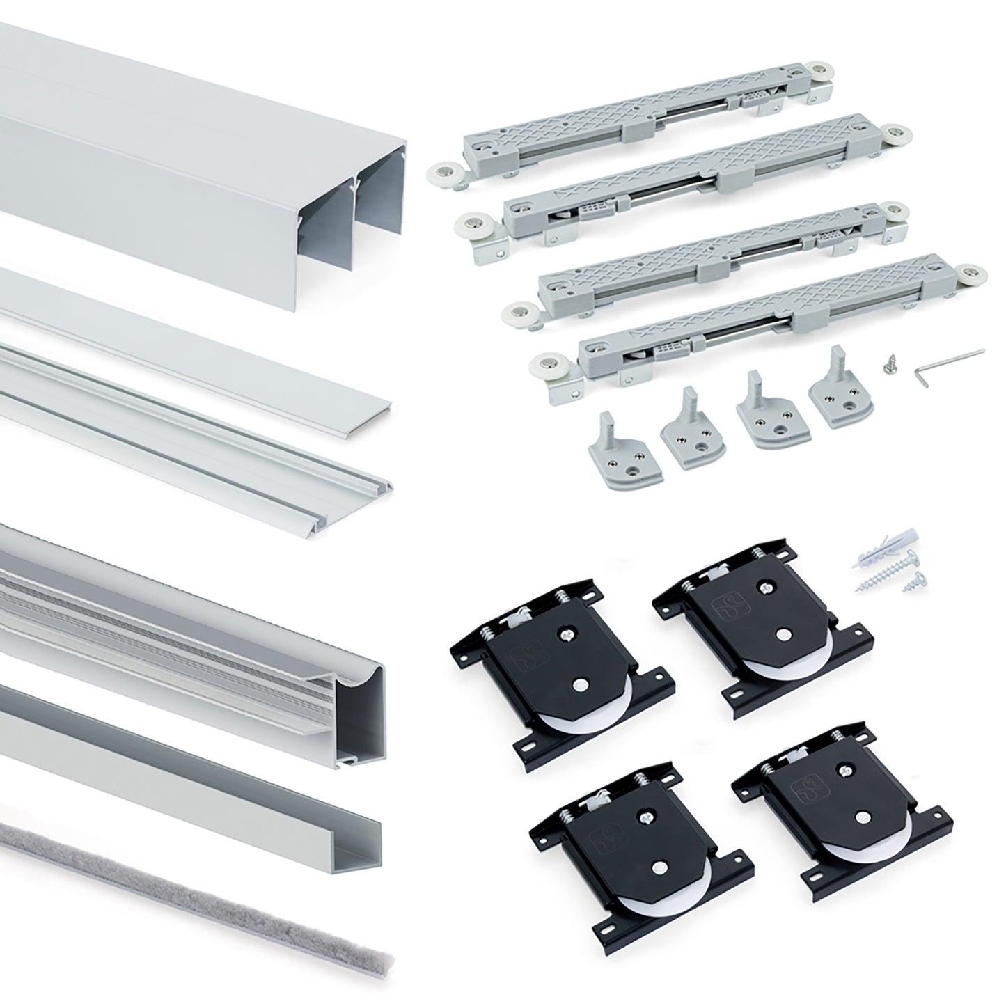 Emuca Hardware kit for 2 sliding doors and soft closing wardrobe Placard 81, Wave profile, 16mm thick, boards not included, Matt anodized