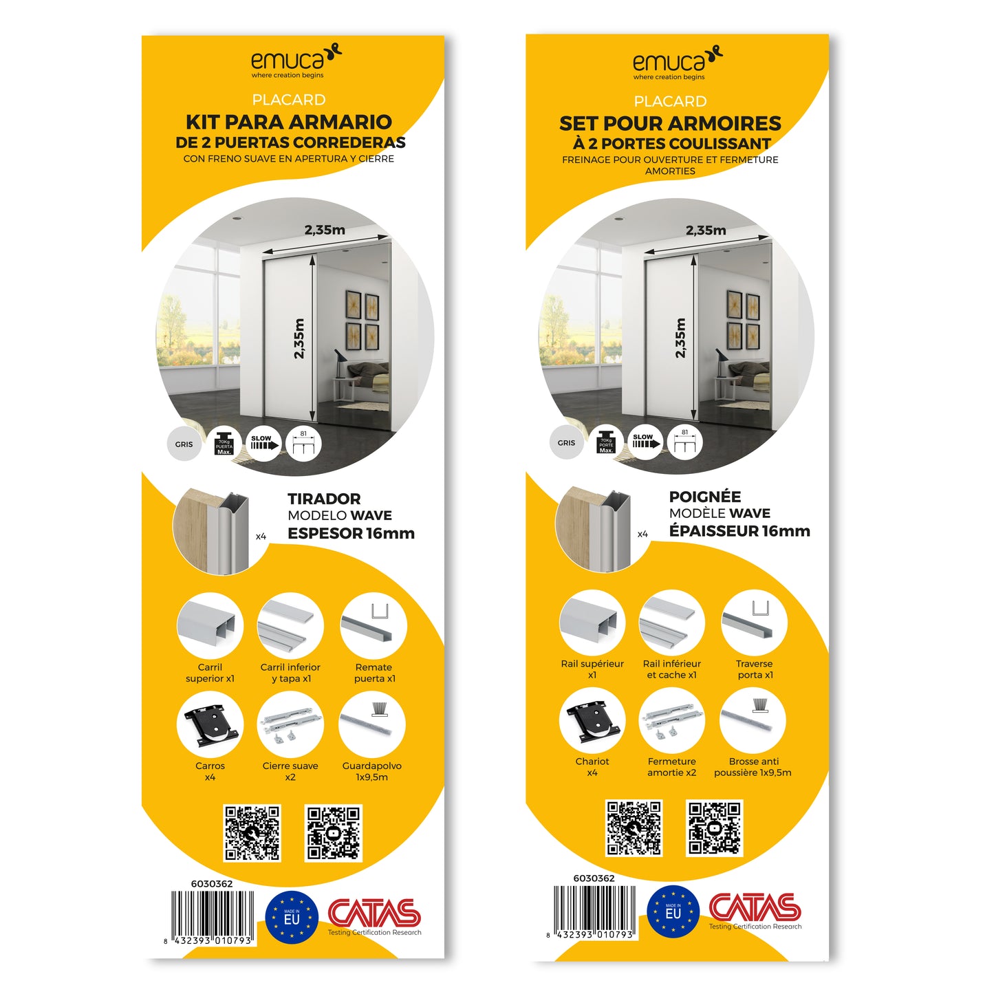 Emuca Hardware kit for 2 sliding doors and soft closing wardrobe Placard 81, Wave profile, 16mm thick, boards not included, Matt anodized