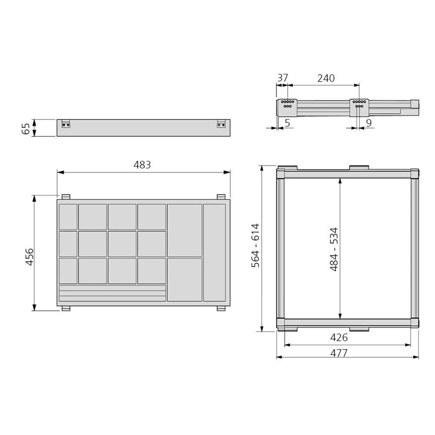 Emuca Jewelry drawer kit and guide frame for Moka cabinets, soft closing, adjustable, 600mm module, Steel and aluminum, Moka color