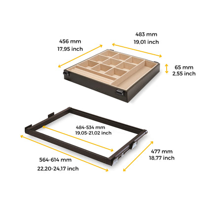 Emuca Jewelry drawer kit and guide frame for Moka cabinets, soft closing, adjustable, 600mm module, Steel and aluminum, Moka color