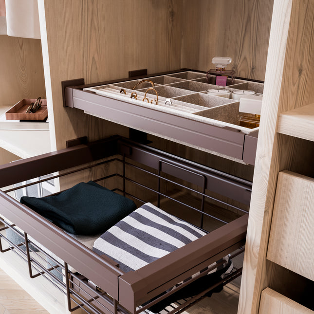 Emuca Kit de cajón joyero y bastidor de guías para armarios Moka, cierre suave, regulable, Acero y aluminio, Color moka