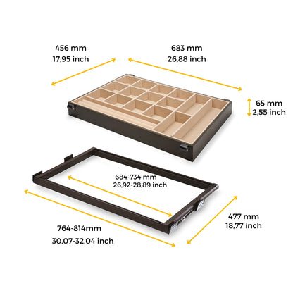 Emuca Kit de cajón joyero y bastidor de guías para armarios Moka, cierre suave, regulable, módulo de 800mm, Acero y aluminio, Color moka