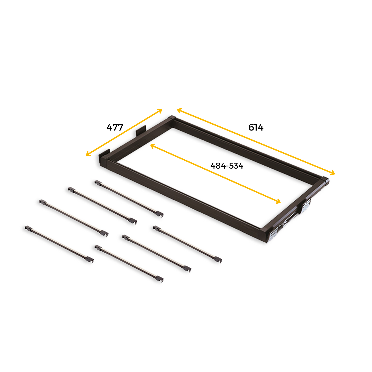 Emuca Kit de 7 varillas pantalonero y bastidor de guías para armarios Moka, cierre suave, regulable, módulo 600mm, Aluminio y Acero, Color moka