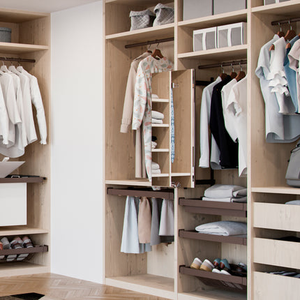 Kit de cabideiro para calças Emuca de 7 varões e estrutura guia para roupeiros Moka, fecho suave, regulável, módulo 600mm, Alumínio e Aço, cor Moka