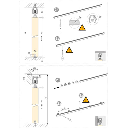 Emuca Railway sliding system kit for wooden hanging sliding doors with soft closing, 80kg, Aluminium, Matt anodized