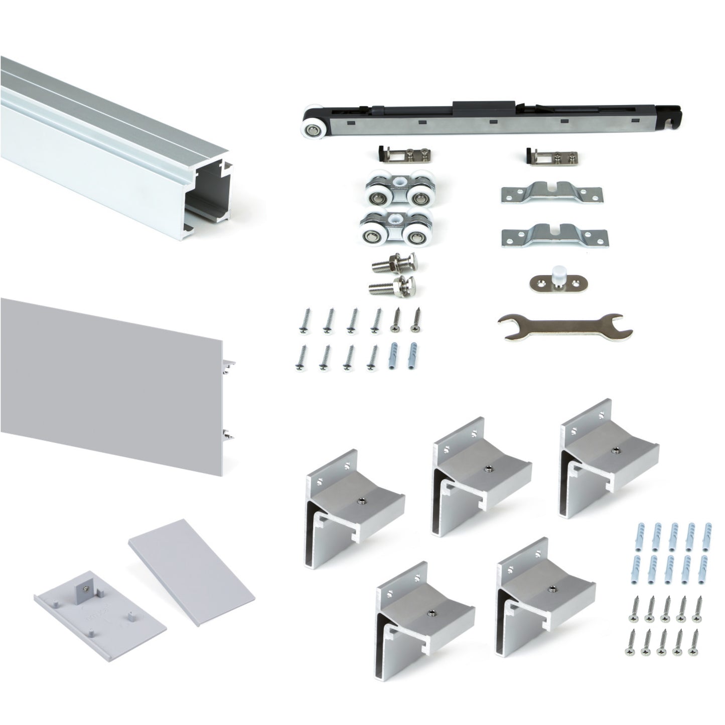 Emuca Kit de sistema corredero Railway para puertas correderas colgadas de madera con cierre suave, 80kg, Aluminio, Anodizado mate