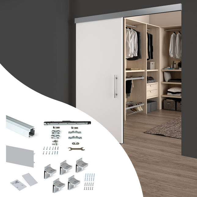 Kit de correr Emuca Railway para portas de correr suspensas de madeira com fecho suave, 80 kg, Alumínio, Anodizado mate