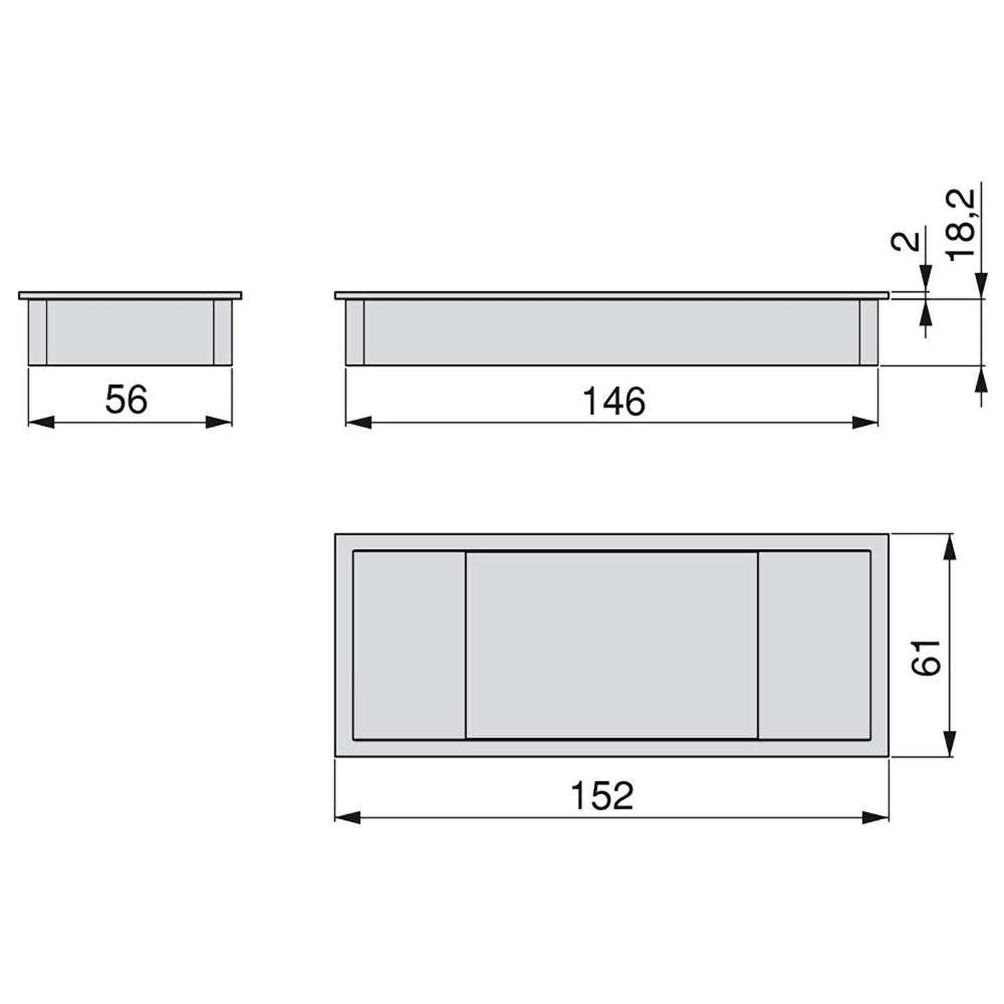 Emuca Set of 5 Plaswire 152 rectangular table grommets, 146x56mm, for recessed mounting, Plastic, White