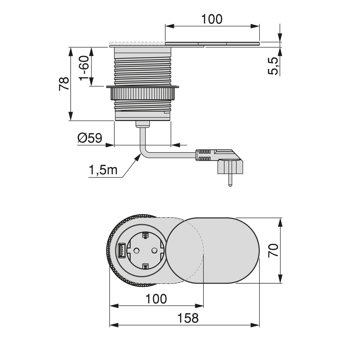 Emuca Multiconnector with sliding cover Vertikal Flat 60, diameter 60mm, 1 Schuko type socket, 1 USB type A, Steel and Plastic, Stainless steel