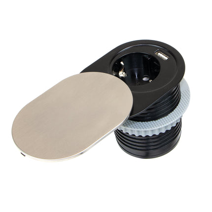 Emuca Multiconector con tapa deslizante Vertikal Flat 60, diámetro 60mm, 1 enchufe Schuko, 1 USB tipo A, Acero inoxidable