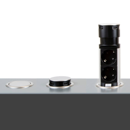 Emuca Vertikal Push 60 multiconector removível, diâmetro 60mm, 2 tomadas tipo Schuko, 2 USB tipo A, Aço e Plástico, Aço inoxidável