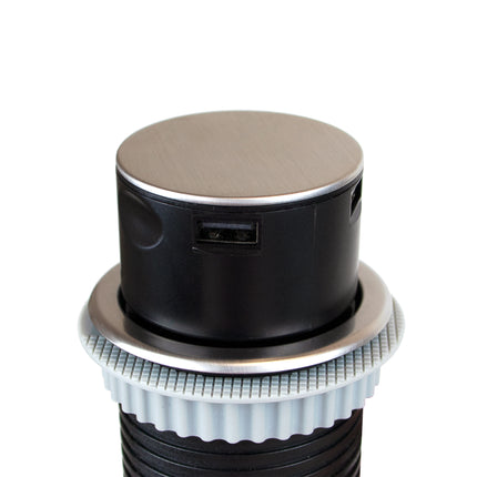 Emuca Vertikal Push 60 multiconector removível, diâmetro 60mm, 2 tomadas tipo Schuko, 2 USB tipo A, Aço e Plástico, Aço inoxidável