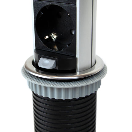 Emuca Vertikal Push 60 multiconector removível, diâmetro 60mm, 2 tomadas tipo Schuko, 2 USB tipo A, Aço e Plástico, Aço inoxidável