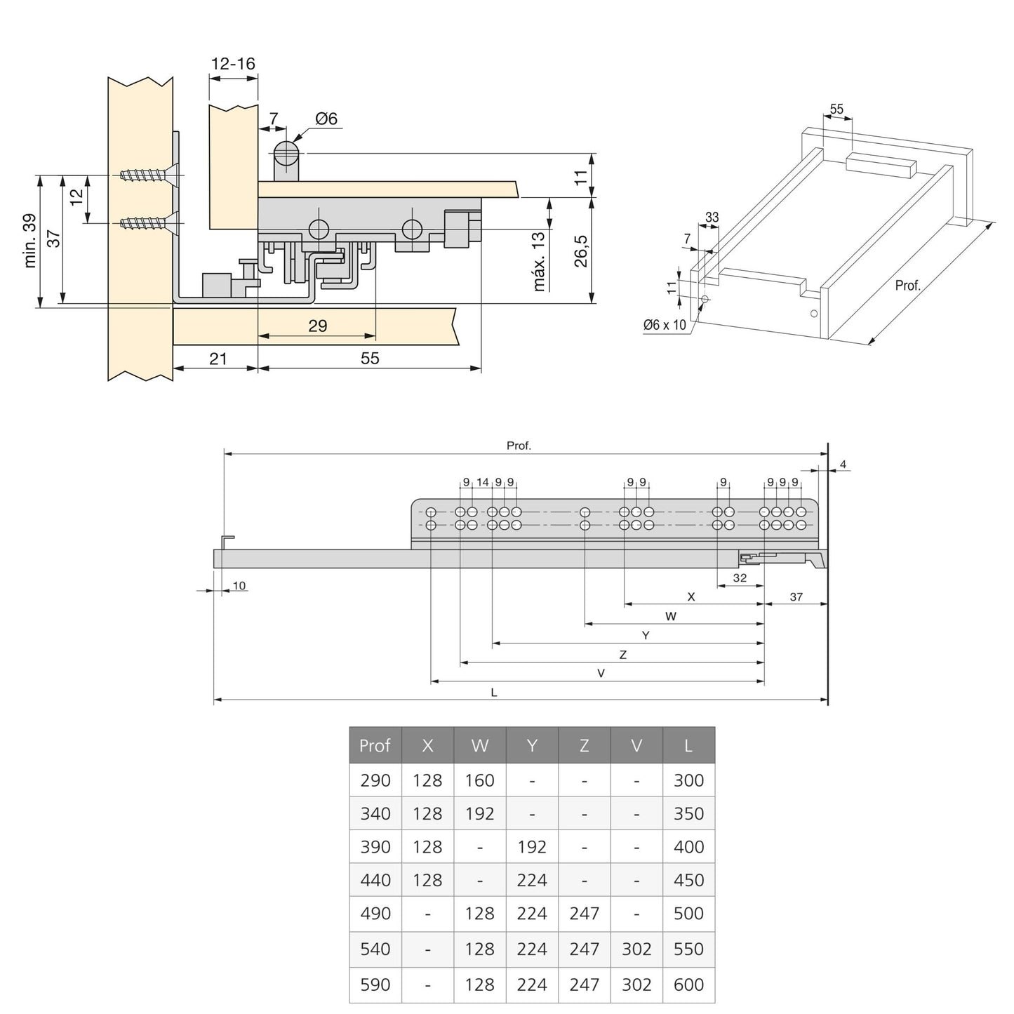 Emuca Slippe concealed guides for fully extendable drawers with soft closing and hook, 440, Zinc-plated, Steel