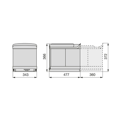 Emuca Recycling container for lower fixing and automatic extraction in kitchen furniture 1x16 litres 2x7.5 litres, Grey plastic