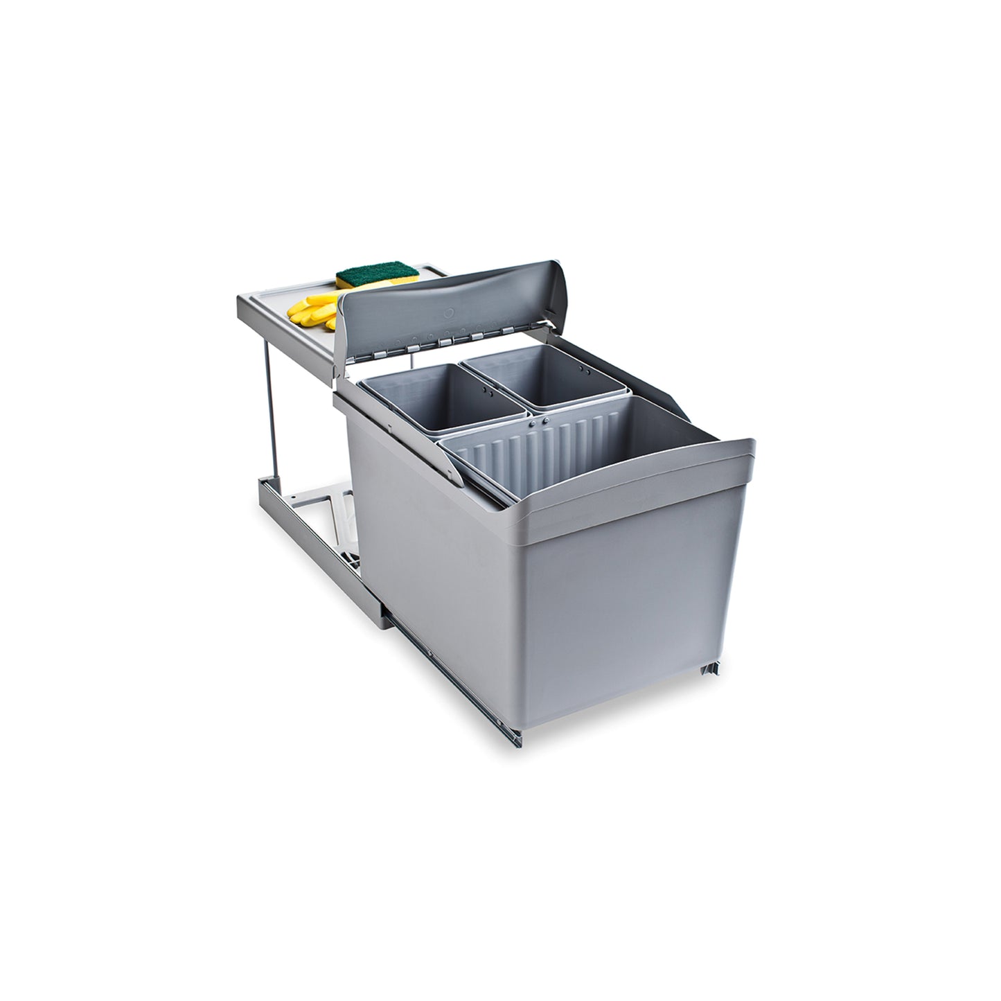 Emuca Recycling container for lower fixing and automatic extraction in kitchen furniture 1x16 litres 2x7.5 litres, Grey plastic