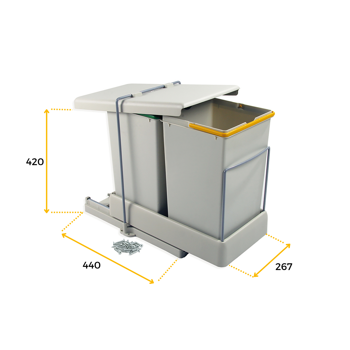 Emuca Recycling container for lower fixing and automatic extraction in kitchen furniture 2x14 litres, Grey plastic