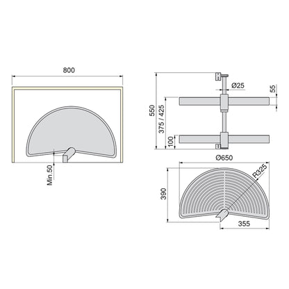 Emuca Shelvo 1/2 moon rotating tray set, for 800mm module, Plastic and Aluminum, White