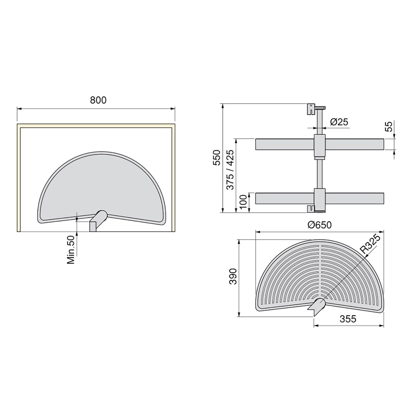 Emuca Shelvo 1/2 moon rotating tray set, for 800mm module, Plastic and Aluminum, Grey