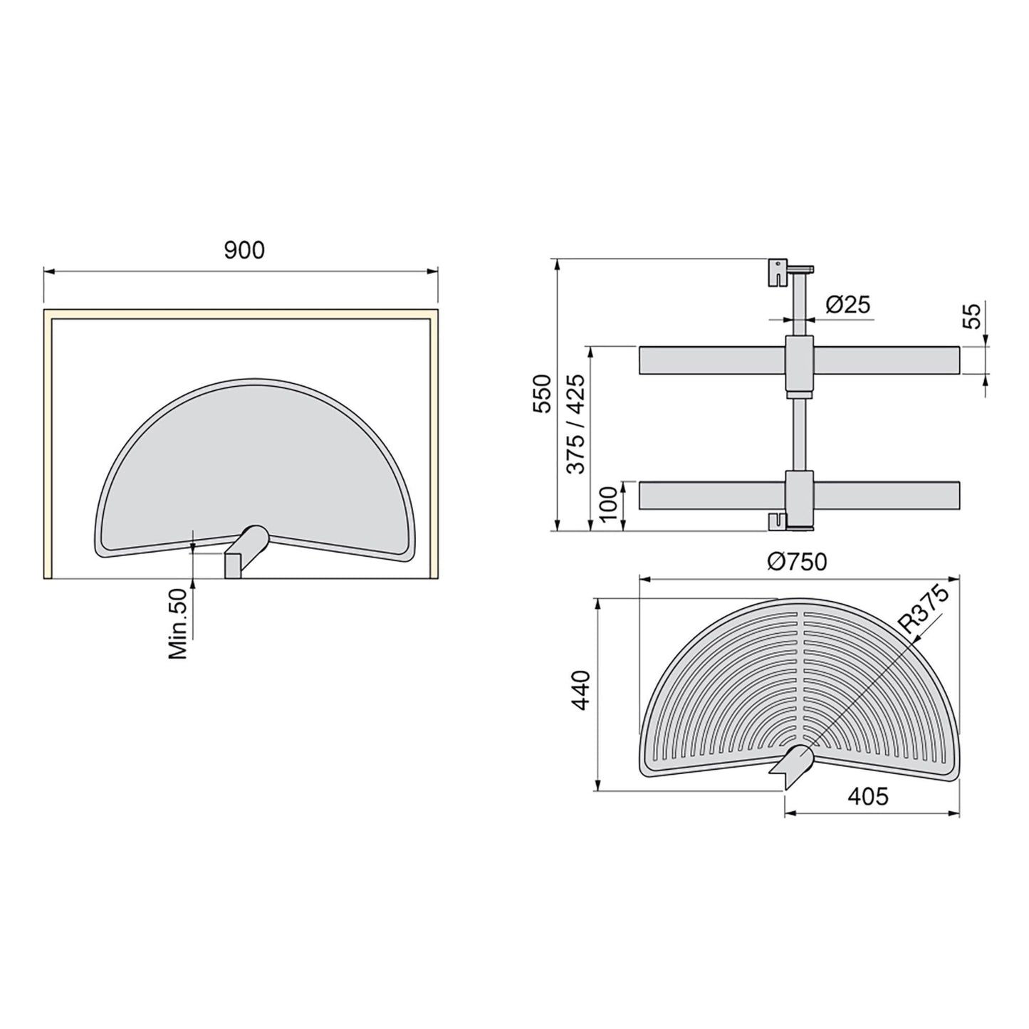 Emuca Shelvo 1/2 moon rotating tray set, for 900mm module, Plastic and Aluminum, White