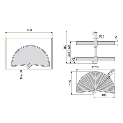 Emuca Shelvo 1/2 moon rotating tray set, for 900mm module, Plastic and Aluminum, Grey