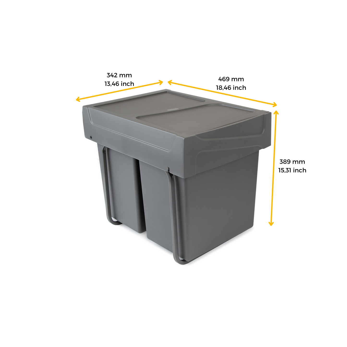 Emuca Recycling container for lower fixing and manual extraction in kitchen furniture Recycle 2x20 litres, Anthracite grey plastic