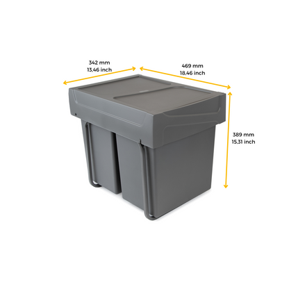 Emuca Recycling container for lower fixing and manual extraction in kitchen furniture Recycle 2x20 litres, Anthracite grey plastic