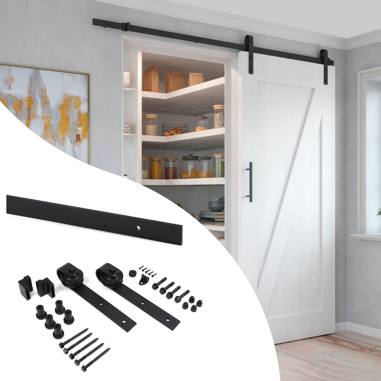 Emuca Hardware kit for a Barn wooden hanging sliding door, Without soft closing, panels not included, Steel and Plastic, Black painted