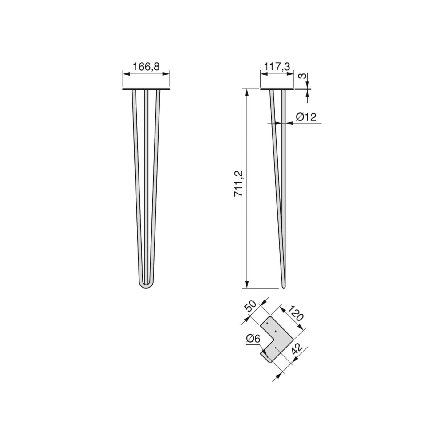 Emuca Lote de 4 patas Hairpin de 3 varillas para mesa, altura 710mm