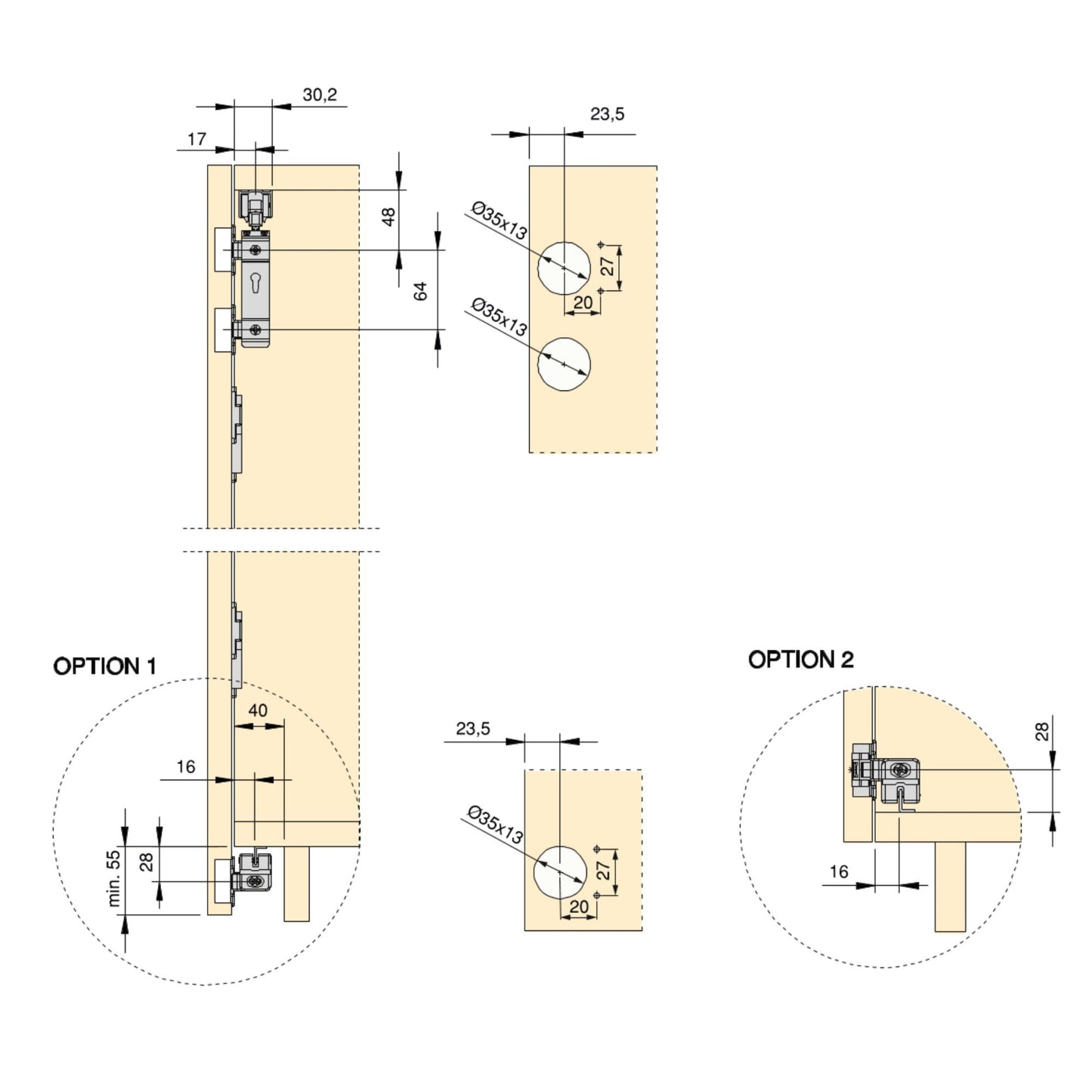 Twofold system in kit format for 2 hanging and folding wooden sliding doors with soft closing, with lower guide, matt anodized 