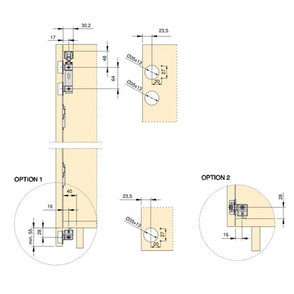 Twofold system in kit format for 2 hanging and folding wooden sliding doors with soft closing, with lower guide, matt anodized 