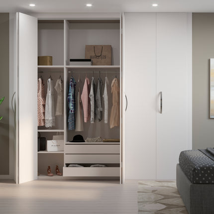 Sistema Twofold en formato kit para 2 puertas correderas de madera colgadas y plegables con cierre suave., con guiador inferior, Anodizado mate